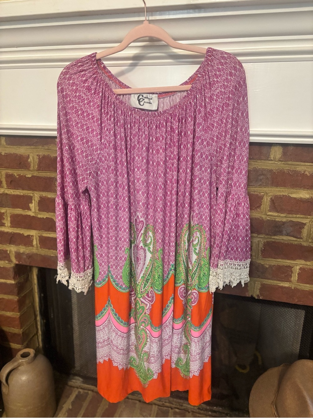 Boho Pink & Orange Paisley Peasant Dress